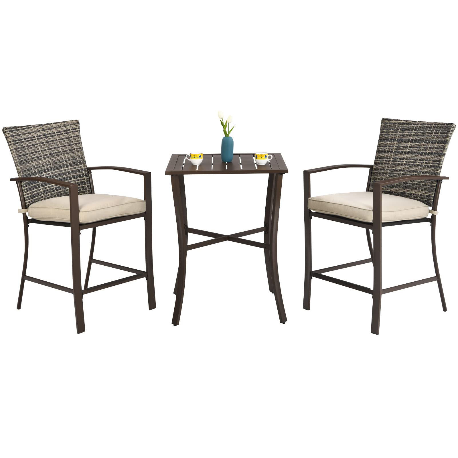 3 Piece Patio Bar Set, Outdoor Bar Stool Bistro Set w/ 27.5" Square Table, 2 Wicker Cushioned Chairs